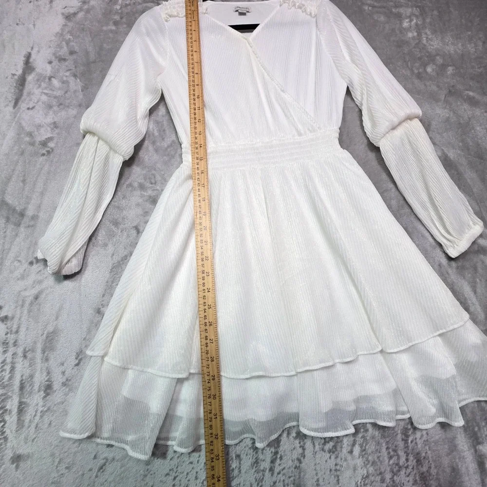 Habitual Girl White Lurex Pleated Dress Kids Size 14 Long Sleeve Ruffle Party